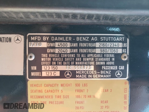 1979 Mercedes-Benz 300 с VIN 12315012002873, выставлен на аукционе Copart как лот 64473964 с пробегом 138 963 миль миль и Чистый • Clean title. История ставок и продаж доступна на DreamBid. Изображение 12.