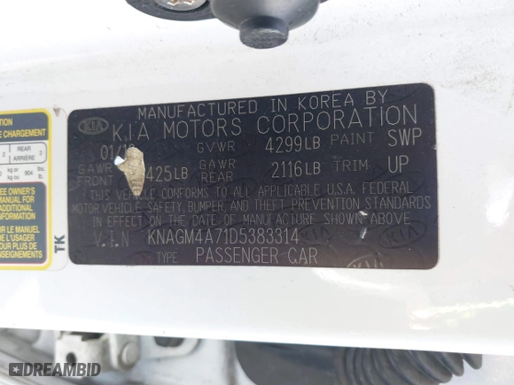 2013 Kia Optima LX with VIN KNAGM4A71D5383314, listed as a IAAI auction lot 41812942 with 228,220 mi miles. Bid and sale history available at carsss.com. Image 9.