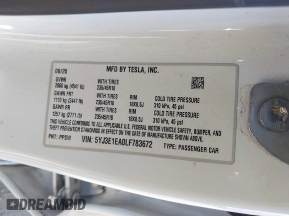 2020 Tesla Model 3 Standard Range Plus with VIN 5YJ3E1EA0LF783672, listed as a IAAI auction lot 41903431 with 52,157 mi miles and . Bid and sale history available at carsss.com. Image 9.