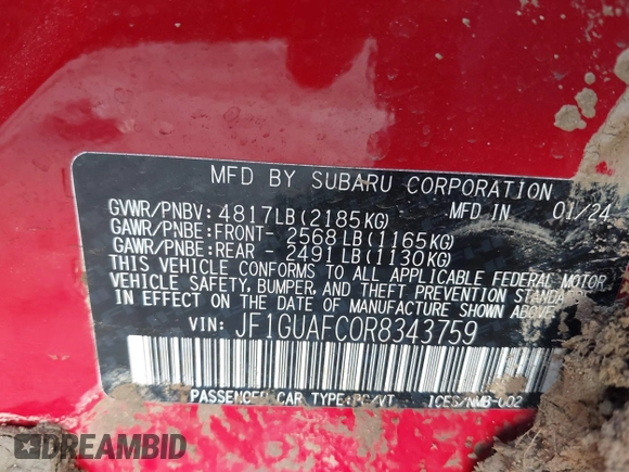 2024 Subaru Impreza Sport with VIN JF1GUAFC0R8343759, listed as a IAAI auction lot 41133565 with 14,196 mi miles. Bid and sale history available at carsss.com. Image 9.