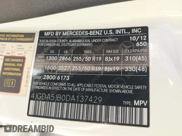 2013 Mercedes-Benz M 350 with VIN 4JGDA5JB0DA137429, listed as a IAAI auction lot 41936114 with 120,106 mi miles and . Bid and sale history available at DreamBid. Image 9.