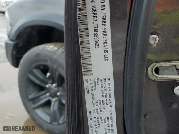 2021 Ram 1500 Classic Warlock with VIN 1C6RR7LT7MS593420, listed as a Copart auction lot 47556185 with 59,840 mi miles and Salvage Title. Bid and sale history available at carsss.com. Image 12.