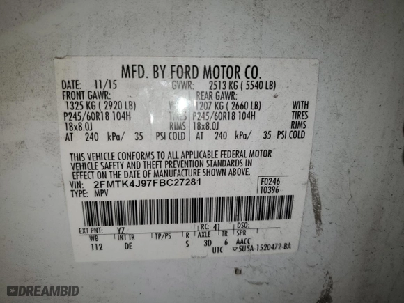 2015 Ford Edge SEL with VIN 2FMTK4J97FBC27281, listed as a Copart auction lot 87402434 with 161,960 mi miles and Salvage Title. Bid and sale history available at carsss.com. Image 15.