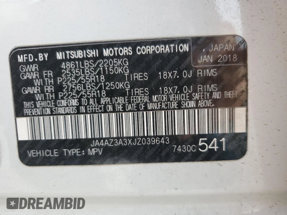 2018 Mitsubishi Outlander ES z VIN JA4AZ3A3XJZ039643, wystawiony jako Copart lot #54009855 z przebiegiem 77 890 mil mil oraz Szkoda całkowita • Salvage title. Historia ofert i sprzedaży dostępna na DreamBid. Obrazek 13.