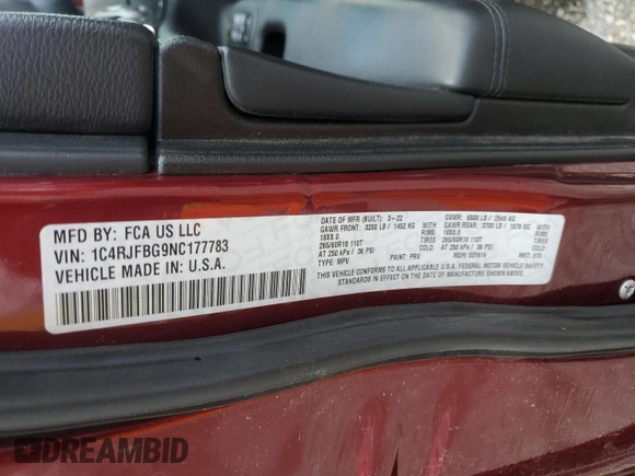 2022 Jeep Grand Cherokee Limited with VIN 1C4RJFBG9NC177783, listed as a Copart auction lot 57886435 with 57,153 mi miles and Salvage title. Bid and sale history available at DreamBid. Image 13.