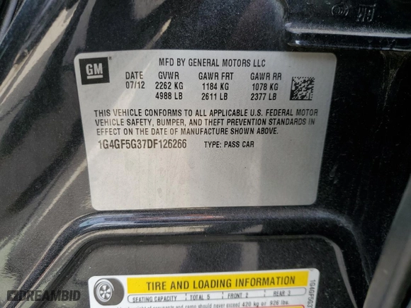 2013 Buick LaCrosse Premium II with VIN 1G4GF5G37DF126266, listed as a Copart auction lot 49412605 with 201,030 mi miles and Salvage Title. Bid and sale history available at carsss.com. Image 12.