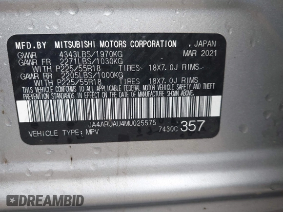 2021 Mitsubishi Outlander ES z VIN JA4ARUAU4MU025575, wystawiony jako IAAI lot #41937147 z przebiegiem 66 640 mil mil oraz . Historia ofert i sprzedaży dostępna na DreamBid. Obrazek 9.