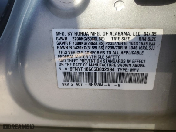 2005 Honda Pilot EX-L with RES with VIN 5FNYF18665B032394, listed as a Copart auction lot 45683515 with 0 mi miles and Salvage Title. Bid and sale history available at carsss.com. Image 13.