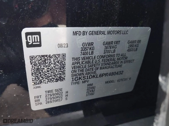 2023 GMC Yukon Denali with VIN 1GKS1DKL6PR480432, listed as a IAAI auction lot 41620789 with 25,395 mi miles. Bid and sale history available at carsss.com. Image 9.