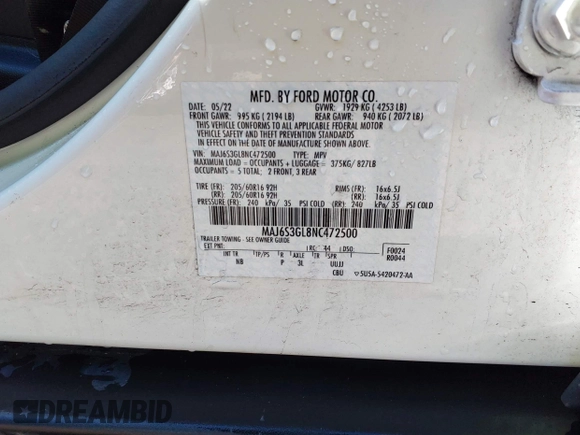 2022 Ford EcoSport SE with VIN MAJ6S3GL8NC472500, listed as a IAAI auction lot 41994591 with 17,209 mi miles and . Bid and sale history available at DreamBid. Image 9.