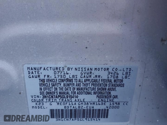 2016 Nissan Versa S Plus with VIN 3N1CN7AP5GL915414, listed as a Copart auction lot 42602875 with 66,020 mi miles and Salvage Title. Bid and sale history available at DreamBid. Image 12.