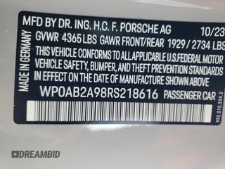2024 Porsche 911 Carrera S with VIN WP0AB2A98RS218616, listed as a Copart auction lot 81310844 with 2,400 mi miles and Salvage Title. Bid and sale history available at carsss.com. Image 12.
