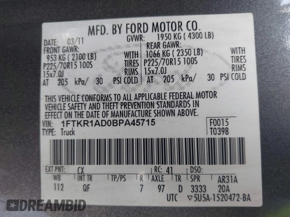 2011 Ford Ranger XL with VIN 1FTKR1AD0BPA45715, listed as a IAAI auction lot 41804117 with 64,494 mi miles. Bid and sale history available at carsss.com. Image 9.