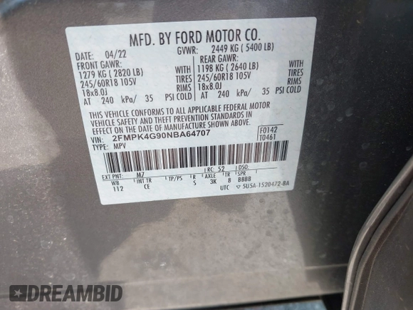 2022 Ford Edge SE z VIN 2FMPK4G90NBA64707, wystawiony jako IAAI lot #42194899 z przebiegiem 87 387 mil mil oraz . Historia ofert i sprzedaży dostępna na DreamBid. Obrazek 9.