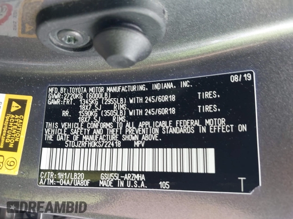 2019 Toyota Highlander SE with VIN 5TDJZRFH0KS722418, listed as a IAAI auction lot 42531509 with 64,369 mi miles and . Bid and sale history available at DreamBid. Image 9.