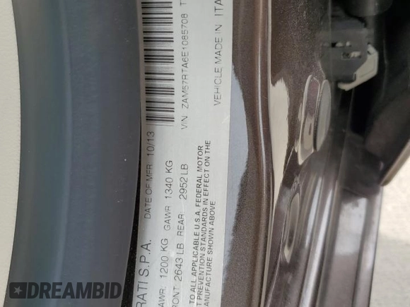 2014 Maserati Ghibli S Q4 with VIN ZAM57RTA6E1085708, listed as a Copart auction lot 53710095 with 110,799 mi miles and Salvage title. Bid and sale history available at DreamBid. Image 12.
