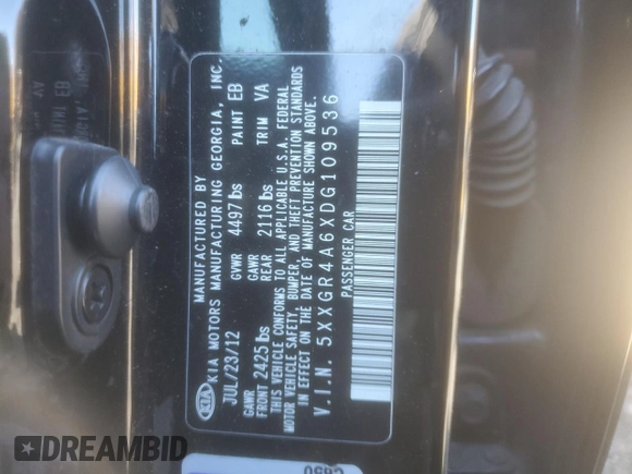 2013 Kia Optima SX with VIN 5XXGR4A6XDG109536, listed as a Copart auction lot 49320755 with 94,923 mi miles and Salvage Title. Bid and sale history available at carsss.com. Image 14.