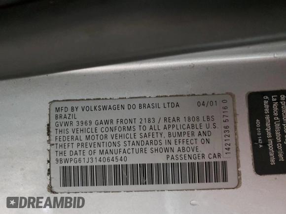 2001 Volkswagen GTI z VIN 9BWPG61J314064540, wystawiony jako Copart lot #57957945 z przebiegiem 130 262 mil mil oraz Szkoda całkowita • Salvage title. Historia ofert i sprzedaży dostępna na DreamBid. Obrazek 12.