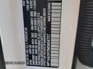 2021 Porsche Cayenne z VIN WP1AA2AY2MDA04727, wystawiony jako Copart lot #55066535 z przebiegiem 46 768 mil mil oraz Szkoda całkowita • Salvage title. Historia ofert i sprzedaży dostępna na DreamBid. Obrazek 14.