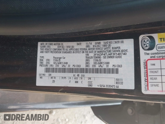 2015 Ford Fiesta S with VIN 3FADP4TJ4FM148740, listed as a IAAI auction lot 42413757 with 77,363 mi miles and . Bid and sale history available at DreamBid. Image 9.
