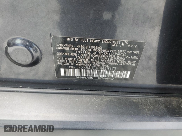 2012 Subaru Forester X Premium with VIN JF2SHADCXCH449379, listed as a Copart auction lot 58389595 with 171,114 mi miles and Clean title. Bid and sale history available at DreamBid. Image 13.