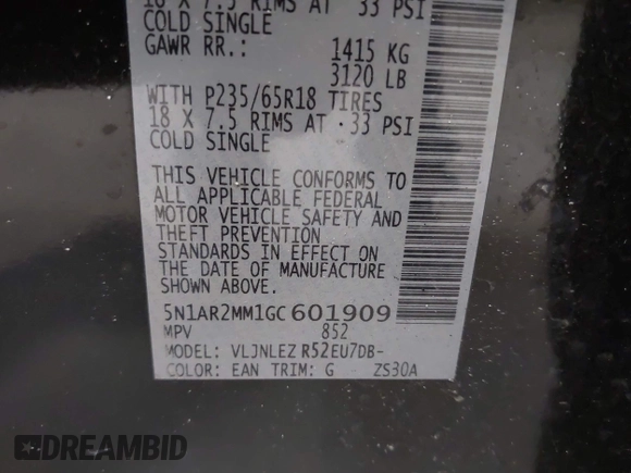 2016 Nissan Pathfinder Platinum with VIN 5N1AR2MM1GC601909, listed as a IAAI auction lot 42114650 with 151,423 mi miles. Bid and sale history available at carsss.com. Image 9.