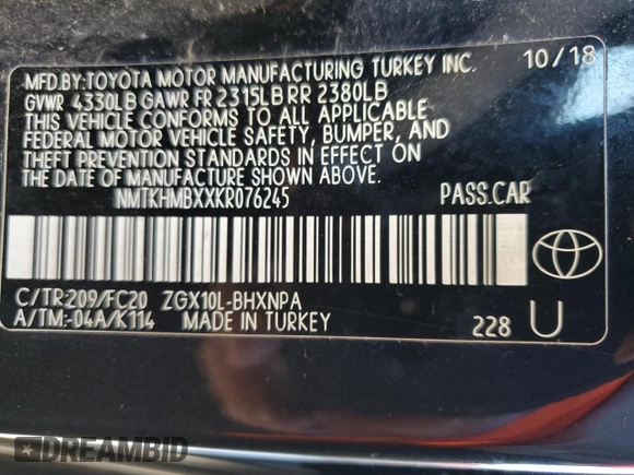 2019 Toyota C-HR XLE with VIN NMTKHMBXXKR076245, listed as a Copart auction lot 73808784 with 65,878 mi miles and Salvage Title. Bid and sale history available at DreamBid. Image 13.