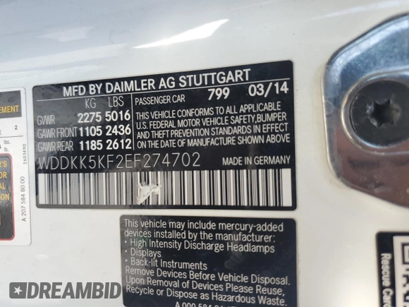 2014 Mercedes-Benz E 350 with VIN WDDKK5KF2EF274702, listed as a Copart auction lot 50401895 with 52,832 mi miles and Salvage Title. Bid and sale history available at DreamBid. Image 12.