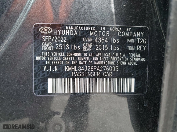 2023 Hyundai Sonata Limited with VIN KMHL34J26PA276095, listed as a Copart auction lot 48945505 with 47,695 mi miles and Clean Title. Bid and sale history available at carsss.com. Image 12.