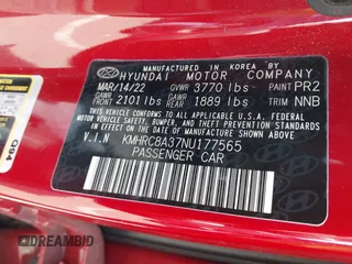 2022 Hyundai Venue Limited with VIN KMHRC8A37NU177565, listed as a IAAI auction lot 41735253 with Not Provided miles and . Bid and sale history available at DreamBid. Image 9.