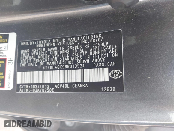 2008 Toyota Camry LE z VIN 4T4BE46K98R013524, wystawiony jako IAAI lot #42234537 z przebiegiem Nie podano mil oraz . Historia ofert i sprzedaży dostępna na DreamBid. Obrazek 9.