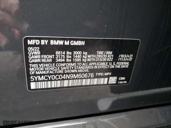 2022 BMW X6 M with VIN 5YMCY0C04N9M60676, listed as a Copart auction lot 38111444 with 37,135 mi miles. Bid and sale history available at carsss.com. Image 12.