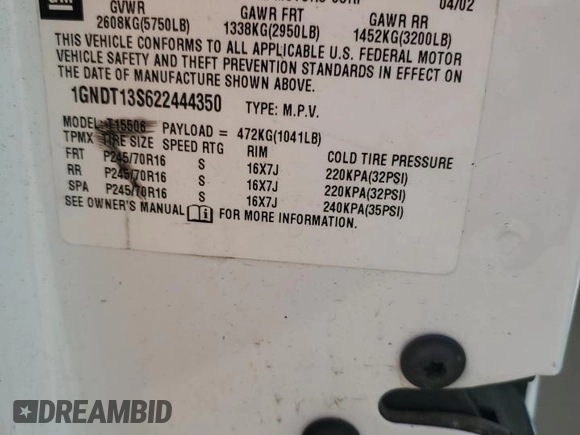 2002 Chevrolet TrailBlazer LTZ with VIN 1GNDT13S622444350, listed as a Copart auction lot 55447015 with 162,893 mi miles and Salvage Title. Bid and sale history available at DreamBid. Image 14.