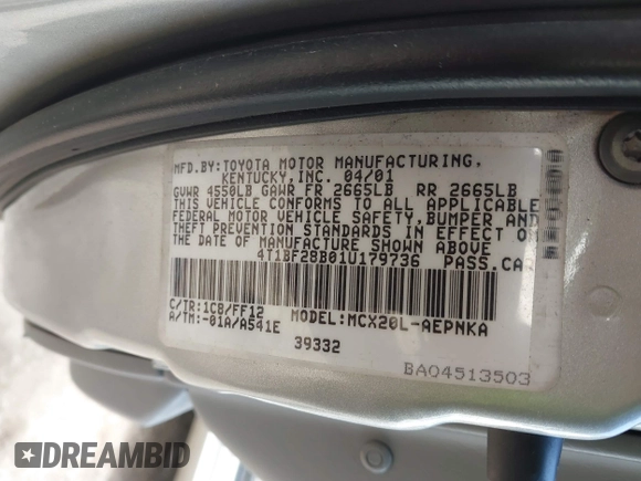 2001 Toyota Avalon XL with VIN 4T1BF28B01U179736, listed as a IAAI auction lot 41893078 with Not Provided miles and . Bid and sale history available at DreamBid. Image 9.