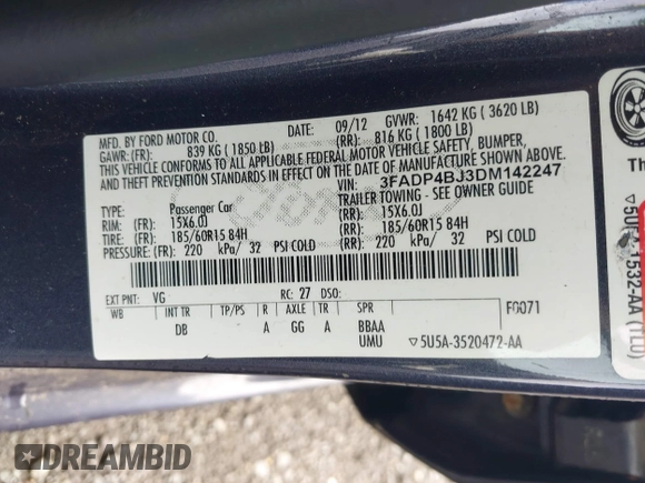 2013 Ford Fiesta SE z VIN 3FADP4BJ3DM142247, wystawiony jako IAAI lot #42337359 z przebiegiem 149 711 mil mil oraz . Historia ofert i sprzedaży dostępna na DreamBid. Obrazek 9.