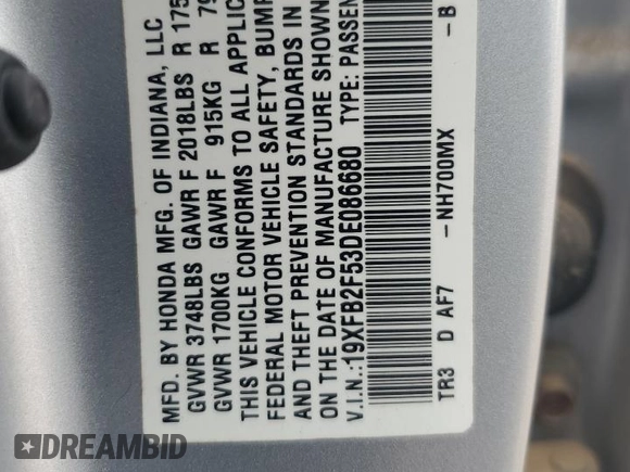 2013 Honda Civic LX z VIN 19XFB2F53DE086680, wystawiony jako Copart lot #58041925 z przebiegiem 112 338 mil mil oraz Szkoda całkowita • Salvage title. Historia ofert i sprzedaży dostępna na DreamBid. Obrazek 12.