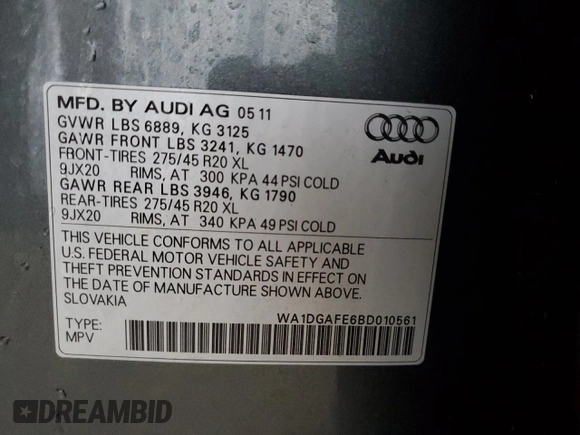 2011 Audi Q7 S line with VIN WA1DGAFE6BD010561, listed as a Copart auction lot 84087724 with 94,192 mi miles and Salvage title. Bid and sale history available at DreamBid. Image 13.