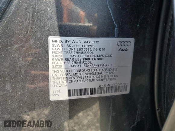 2012 Audi Q7 Premium Plus with VIN WA1LMAFEXCD007281, listed as a Copart auction lot 64608865 with 155,575 mi miles and Clean title. Bid and sale history available at DreamBid. Image 13.