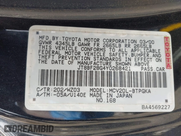 2000 Lexus ES 300 с VIN JT8BF28G4Y0268421, выставлен на аукционе IAAI как лот 42177441 с пробегом 227 151 миль миль и . История ставок и продаж доступна на DreamBid. Изображение 9.