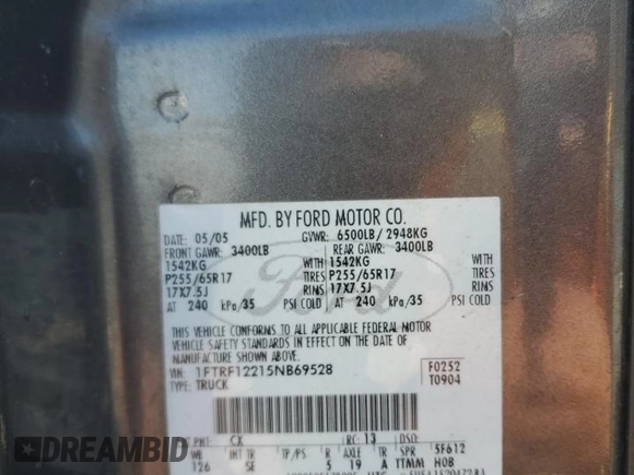 2005 Ford F-150 XL with VIN 1FTRF12215NB69528, listed as a Copart auction lot 51614365 with 160,349 mi miles and Salvage title. Bid and sale history available at DreamBid. Image 12.