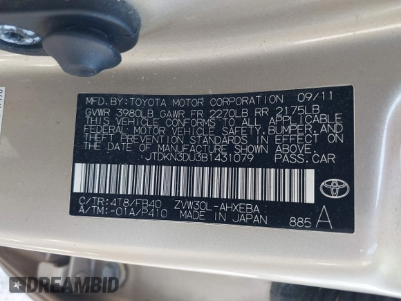 2011 Toyota Prius I with VIN JTDKN3DU3B1431079, listed as a IAAI auction lot 41255598 with 203,404 mi miles and . Bid and sale history available at DreamBid. Image 9.
