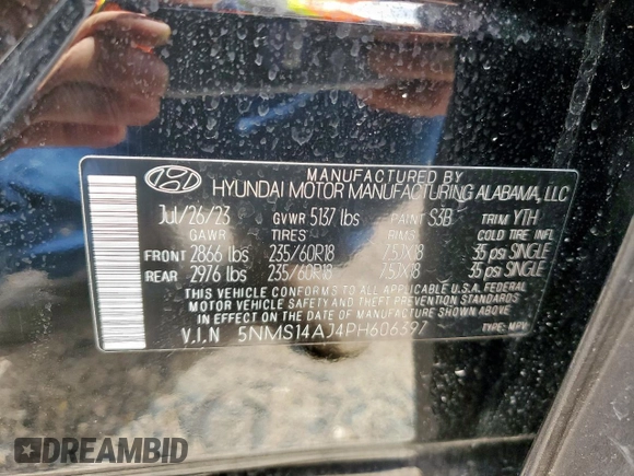 2023 Hyundai Santa Fe SE with VIN 5NMS14AJ4PH606397, listed as a Copart auction lot 62931165 with 37,687 mi miles and Salvage title. Bid and sale history available at DreamBid. Image 12.