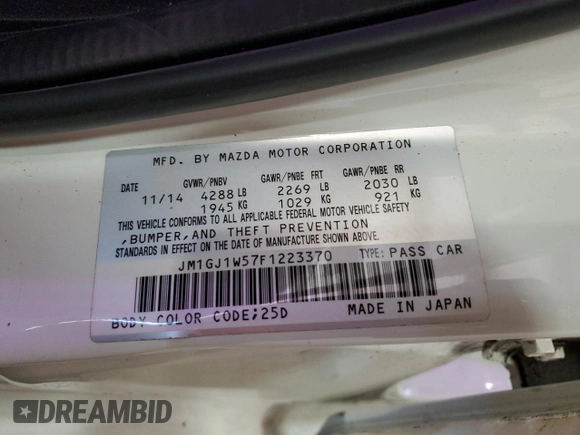 2015 Mazda 6 i Grand Touring with VIN JM1GJ1W57F1223370, listed as a Copart auction lot 48793385 with 66,083 mi miles and Salvage Title. Bid and sale history available at carsss.com. Image 14.