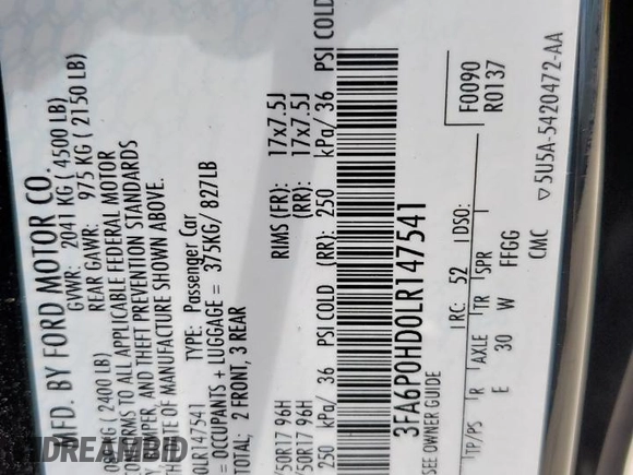 2020 Ford Fusion SE with VIN 3FA6P0HD0LR147541, listed as a Copart auction lot 59959575 with 90,308 mi miles and Salvage title. Bid and sale history available at DreamBid. Image 12.