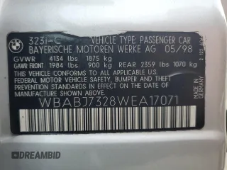 1998 BMW 3 Series 323ic with VIN WBABJ7328WEA17071, listed as a Copart auction lot 75089004 with 0 mi miles and Non Repairable. Bid and sale history available at carsss.com. Image 13.