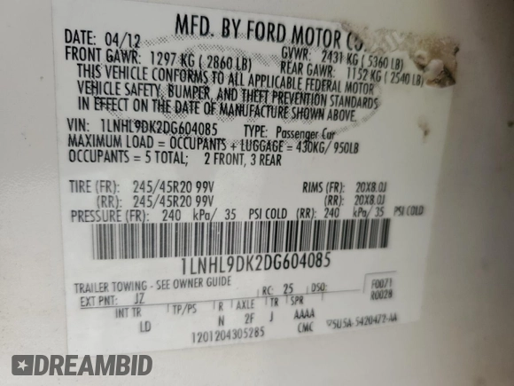 2013 Lincoln MKS with VIN 1LNHL9DK2DG604085, listed as a Copart auction lot 60325385 with 172,808 mi miles and Salvage title. Bid and sale history available at DreamBid. Image 12.