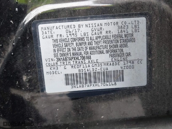 2017 Nissan Sentra SV with VIN 3N1AB7APXHL706168, listed as a IAAI auction lot 41861682 with 163,815 mi miles. Bid and sale history available at carsss.com. Image 9.