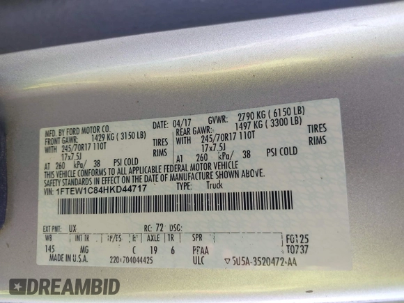 2017 Ford F-150 XL with VIN 1FTEW1C84HKD44717, listed as a IAAI auction lot 41656504 with 102,000 mi miles and . Bid and sale history available at DreamBid. Image 9.