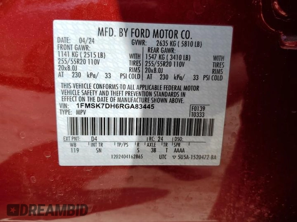 2024 Ford Explorer XLT z VIN 1FMSK7DH6RGA83445, wystawiony jako Copart lot #53043235 z przebiegiem 14 193 mil mil oraz Szkoda całkowita • Salvage title. Historia ofert i sprzedaży dostępna na DreamBid. Obrazek 13.