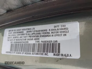 2003 Subaru Legacy Outback with VIN 4S3BH665037642205, listed as a IAAI auction lot 42533124 with 229,330 mi miles and . Bid and sale history available at DreamBid. Image 9.
